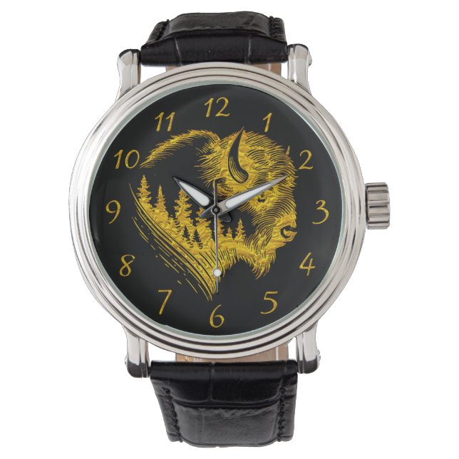 Montre Portrait De Bison D'Or Avec Silhouette De Forêt (devant)