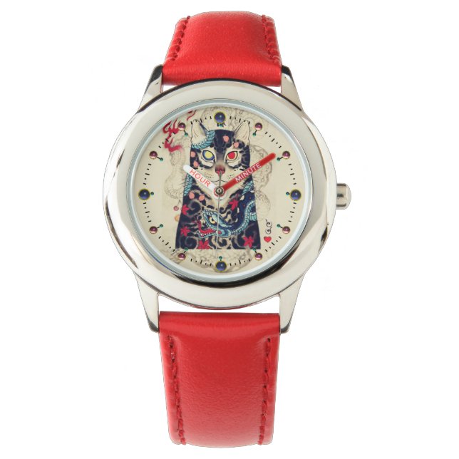 MONTRE PORTRAIT DE CHAT SAMURAI AVEC TATOS SERPENTS (devant)