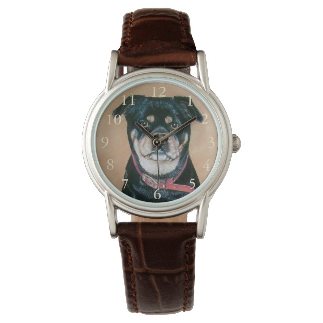 Montre portrait de chien peinture de carlin noir et tan (devant)