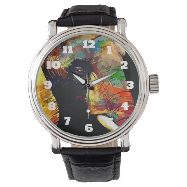 Montre Portrait de tête d'éléphant coloré gras (devant)