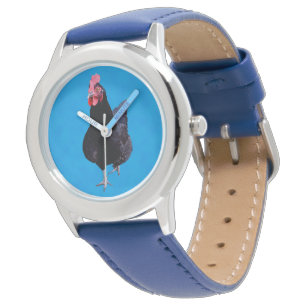 Montre Poule noire sur fond bleu,
