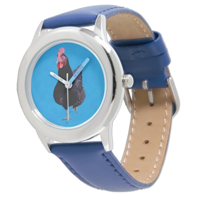 Montre Poule noire sur fond bleu, (Incliné)