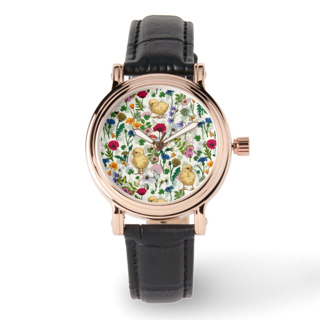 Montre Poulets et fleurs sauvages sur blanc cassé (Recto)