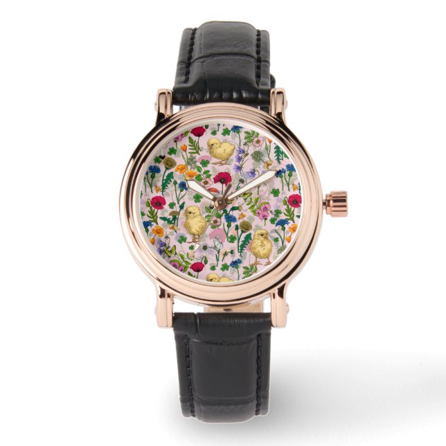 Montre Poulets et fleurs sauvages sur coton bonbon rose (Recto)