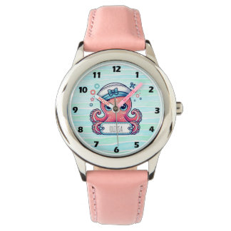 Montre Poulpe Rose Joyeux Tenant un Panneau de Nom