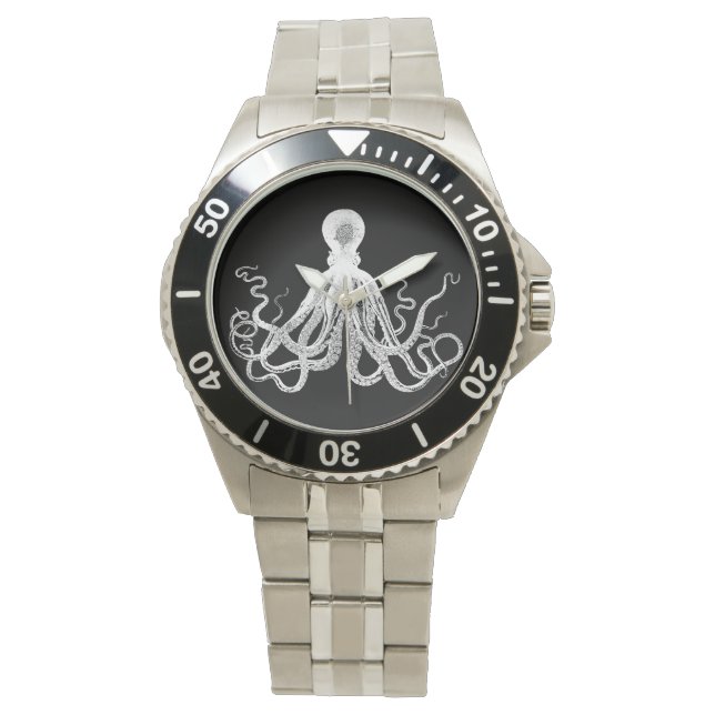 Montre Poulpe Vintage Blanc sur Noir (devant)