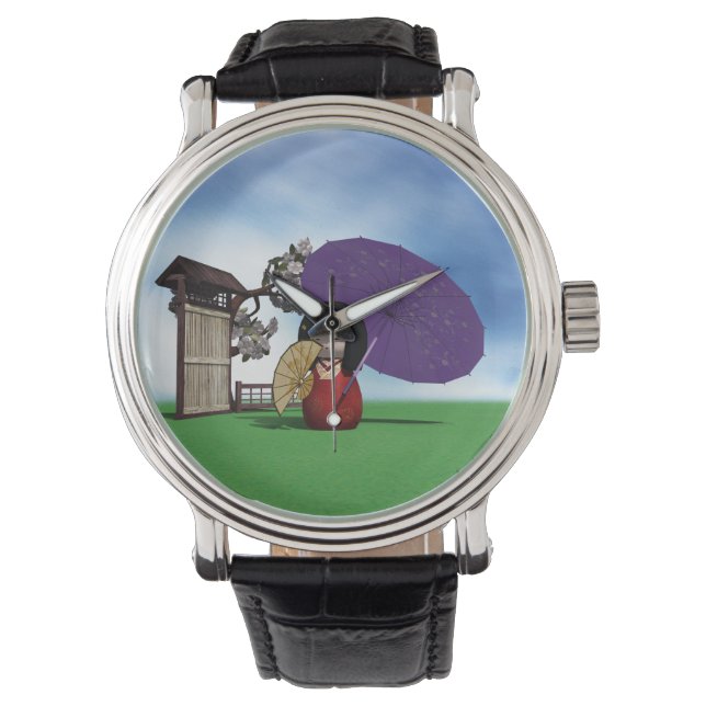 Montre Poupée Kokeshi Japonaise Art Cerisier en Fleur (devant)