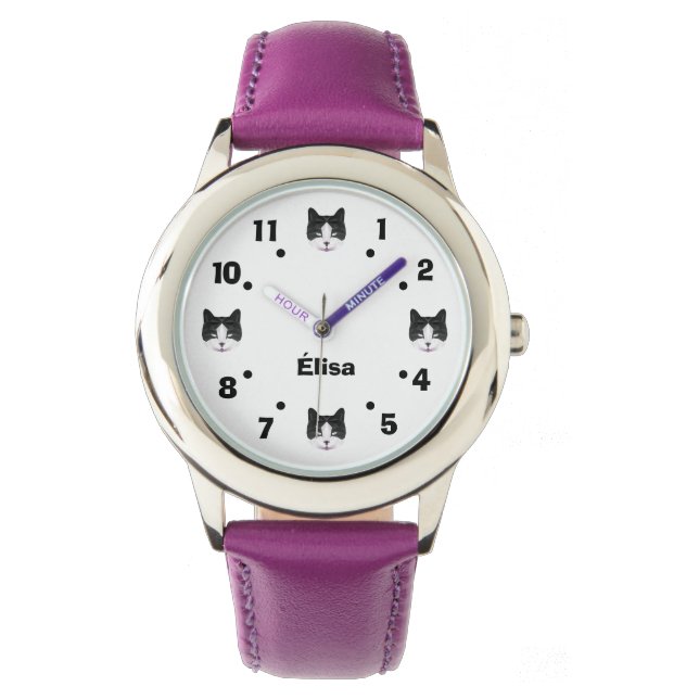 Montre pour enfant motif chat noir et blanc (devant)