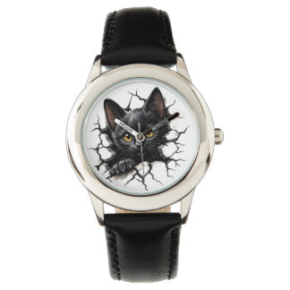 Montre pour enfants avec illustration de chat noir