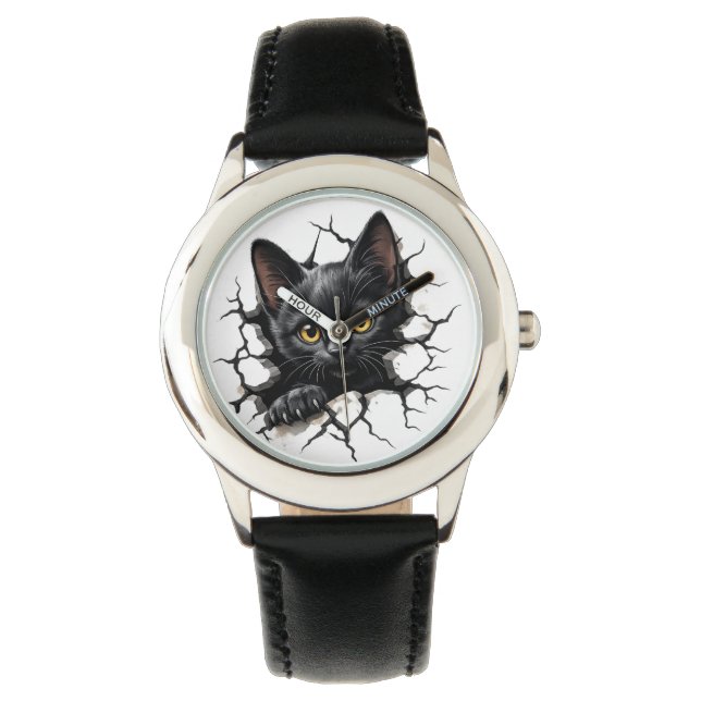 Montre pour enfants avec illustration de chat noir (devant)