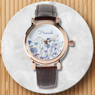 Montre Pré de fleurs sauvages aquarelle bleue avec monogr
