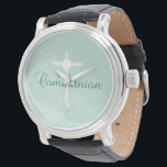 Montre Première Communion sainte, Script en vert tendre<br><div class="desc">Ce doux cadeau vert,  souvenir et cadeau est bon pour féliciter le jeune garçon ou la jeune fille pour leur première sainte communion.</div>