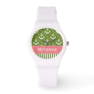 Montre Préppy rose et vert Ancre nautique