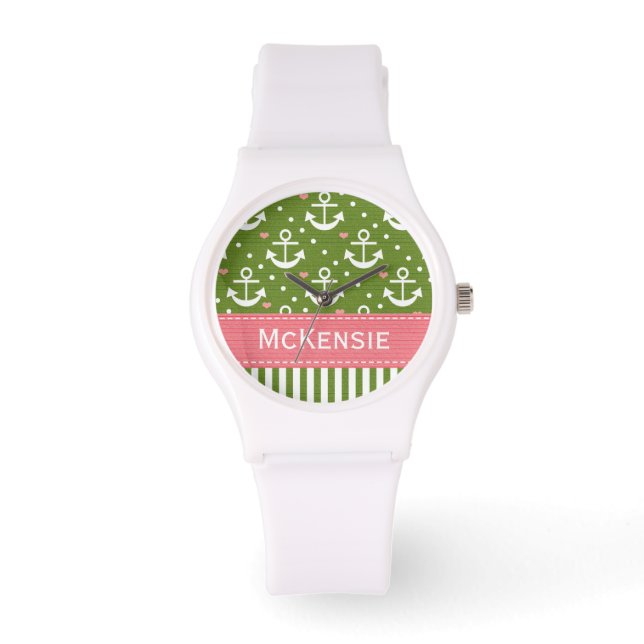 Montre Préppy rose et vert Ancre nautique (Recto)