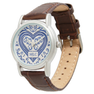 Montre Pretty Blue and White Heart Pottery - ses initiale