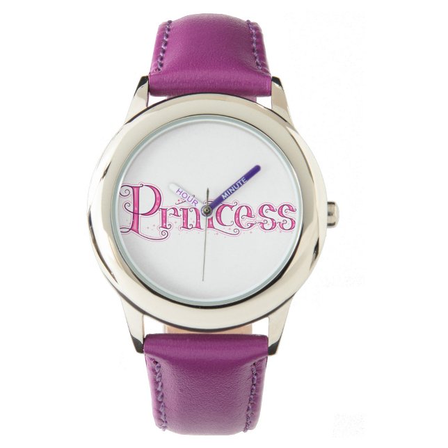 Montre Princesse (A wristwatch with a silver case and a purple leather band, with the word "Princess!)
