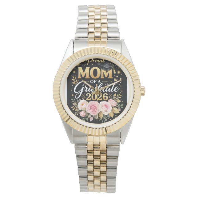 Montre Proud Mom of a Graduate 2026 – Elegant Gold & Flor (devant)