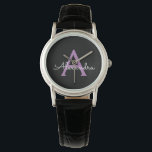 Montre Purple Black Script Girl Nom du monogramme<br><div class="desc">Monogramme simple noir et violet Monogramme Nom Montre. Cela fait le cadeau parfait de remise de diplômes,  anniversaire,  mariage,  douche nuptiale,  anniversaire,  baby shower ou bachelorette pour quelqu'un qui aime le luxe glam et les styles chic.</div>