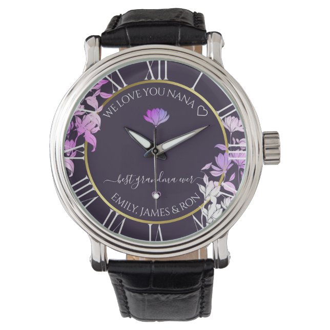 Montre Purple Floral Custom Love Message Nana Text Gold (devant)