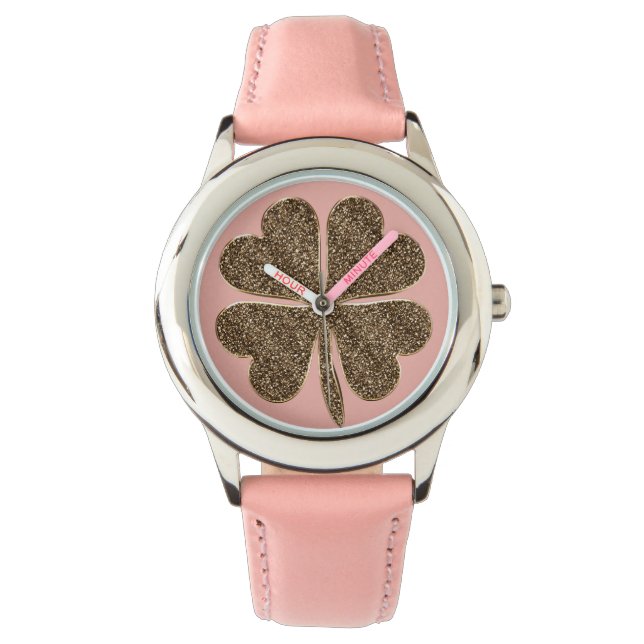 Montre Quatre Leaf Clover Symbole de bonne chance Rose or (devant)
