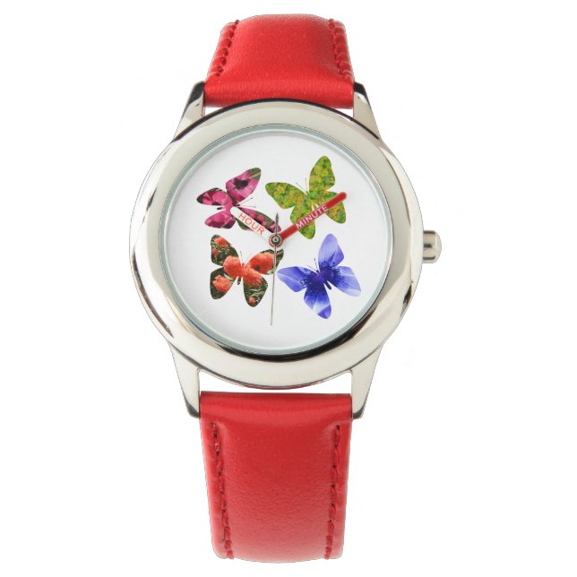 Montre Quatre Papillons Fleurs, Cuir Enfants (devant)