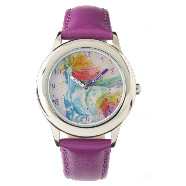 Montre Rainbow Unicorn Aquarelle Purple Girls Love Watch (devant)