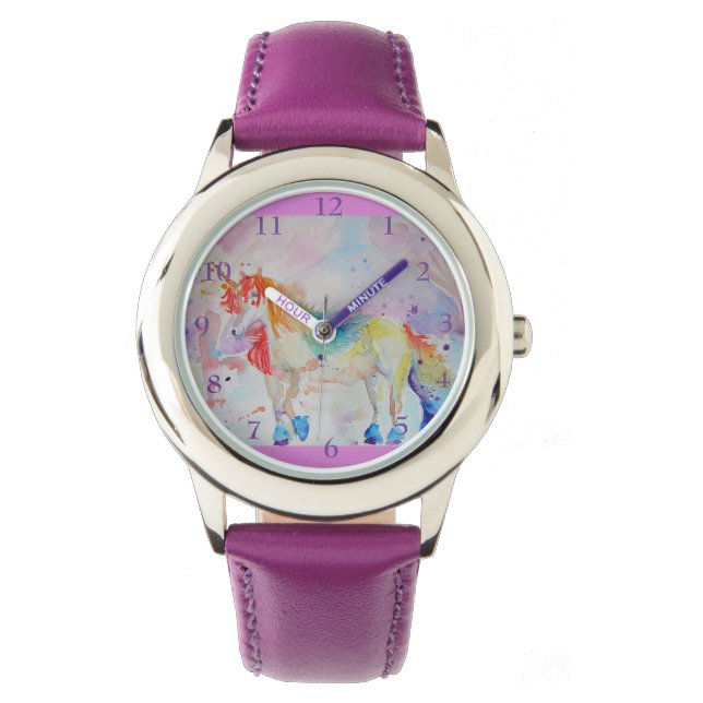 Montre Rainbow Unicorn Aquarelle Purple Girls Love Watch (devant)