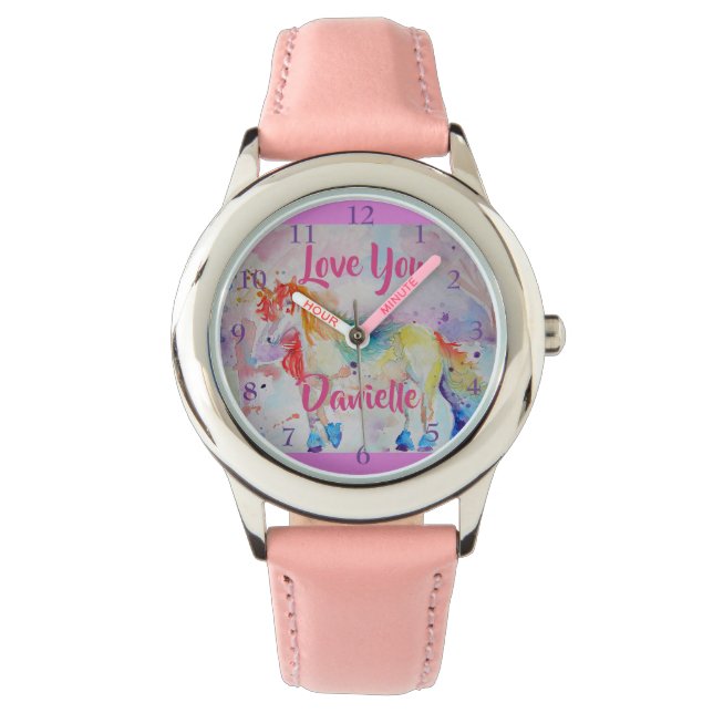 Montre Rainbow Unicorn Aquarelle Rose Girls Love Watch (devant)