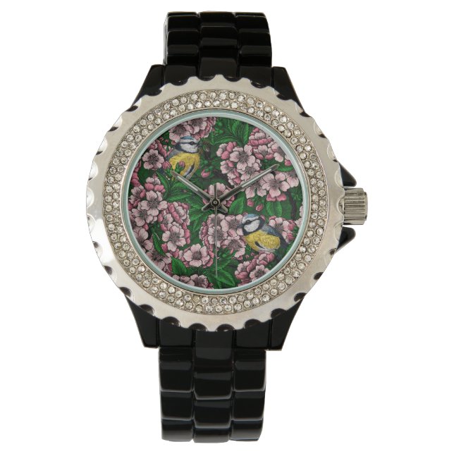 Montre Rameaux bleus dans le cerisier en fleurs en vert (devant)