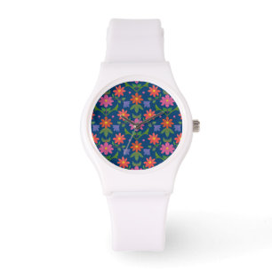 Montre Rangoli Fleurs Pois, Blue Sporty Wristwatch
