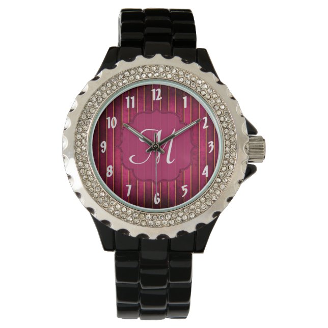 Montre Raspberry Gold Stripe moderne Hot rose Purple Watc (devant)