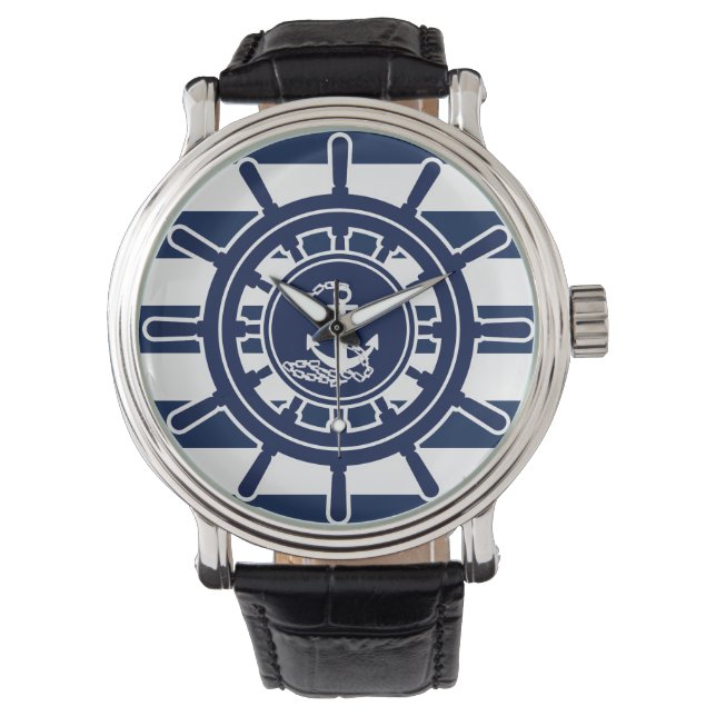 Montre Rayures Bleues et Blanches, Symbole d'Ancre de Rou (devant)