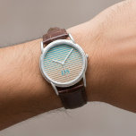Montre Rayures horizontales Monogramme Brown et bleu<br><div class="desc">Une montre design aux rayures horizontales marron, beige et bleu, dans un style moderne et minimaliste avec une touche de beige.</div>