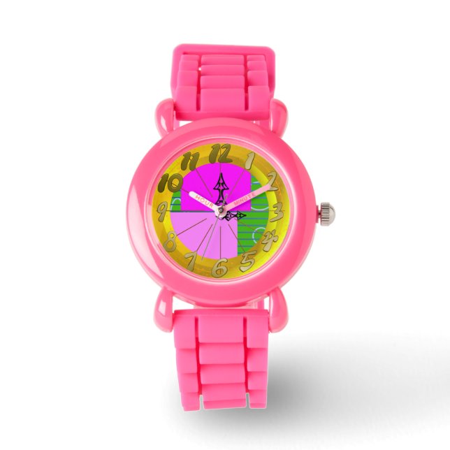 Montre Rectangles Carrés géométriques rose vert jaune (Recto)