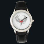 Montre Red Angel Coeur avec ailes<br><div class="desc">Coeur rouge peint de façon artistique avec ailes d'ange gris,  décoré de contour lisse noir.</div>