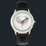 Montre Red Angel Coeur avec ailes<br><div class="desc">Coeur rouge peint de façon artistique avec ailes d'ange gris, décoré de contour lisse noir.</div>