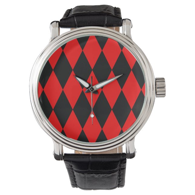 Montre Red Black Harlequin Diamonds Checkers Design  (devant)