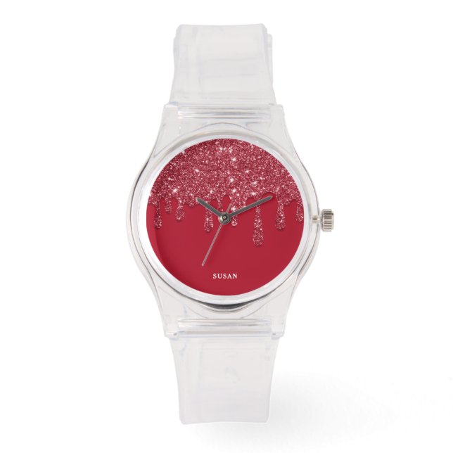 Montre Red Parties scintillant Drip Nom personnalisé Femm (Recto)