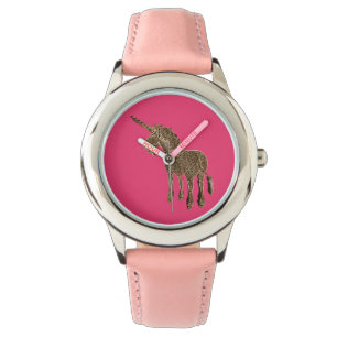 Montre Regard mignon d'or de rose de licorne de cheval