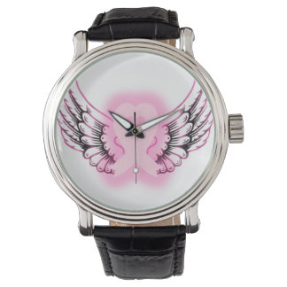Montre Regarder les ailes du coeur rose en ruban/noir