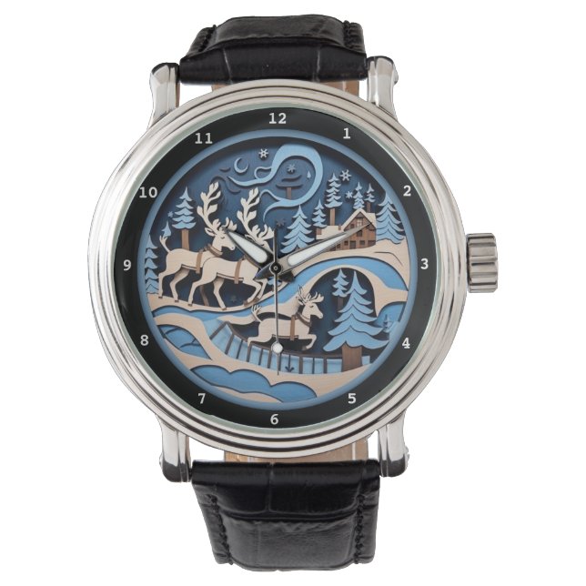 Montre Reindeer Sleigh Ride Winter Artwork (devant)