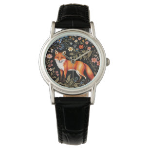 Montre Renard Élégant Fleur Florale Noir