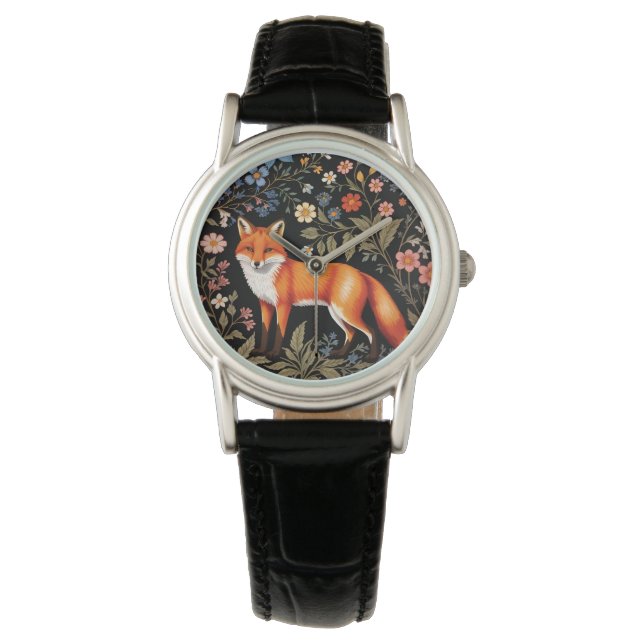 Montre Renard Élégant Fleur Florale Noir (devant)