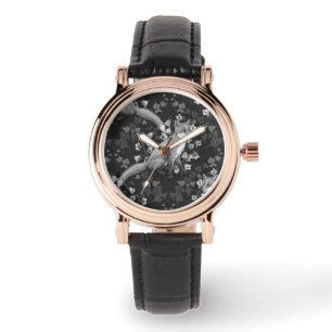 Montre Renard, fleur et lierre, monochrome, mur argenté