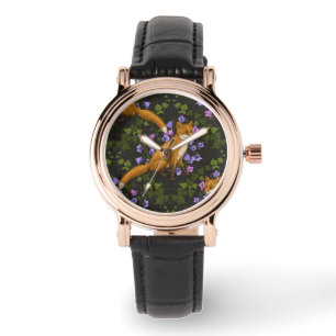 Montre Renard, fleurs et lierre, vert, orange et viole