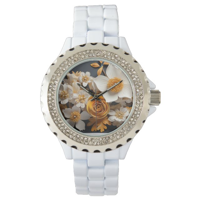 Montre rendu 3D de fleurs orange et blanches (devant)