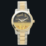 Montre Retraite Hair Styliste noir or merci<br><div class="desc">Élégant, classique, glamour et féminin. Un cadeau pour une coiffeuse à la retraite. Un arc et un ruban de couleur dorée avec parties scintillant dorée et scintillant, un peu de bling et de luxe. Arrière - plan noir. Avec le texte : Merci, modèles pour un nom et une profession, profession....</div>