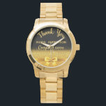 Montre Retraite or noir merci entreprise entreprise<br><div class="desc">Élégant,  classique,  glamour et féminin. Un cadeau pour une collègue retraitée. Un arc et un ruban de couleur dorée avec parties scintillant dorée et scintillant,  un peu de bling et de luxe. Arrière - plan noir. Avec le texte : Merci,  modèles pour un nom et nom de société.</div>