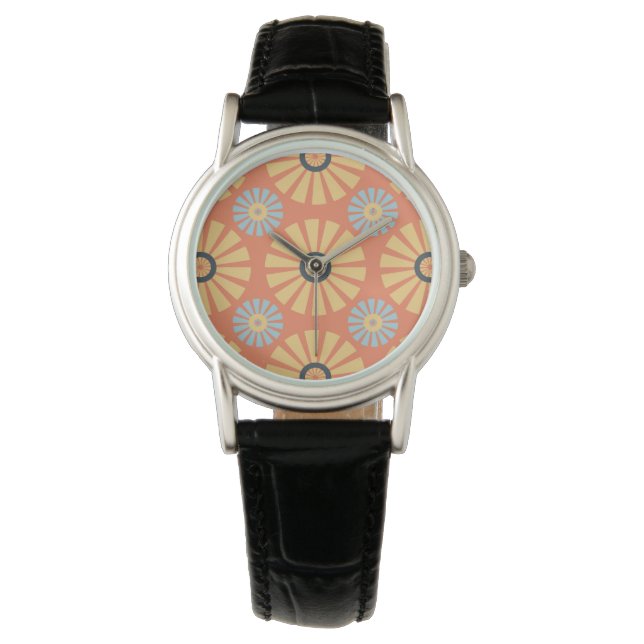 Montre Retro Abstrat Motif de marguerites bleues et orang (devant)