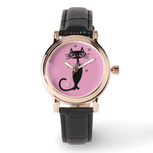 MONTRE RETRO CHAT NOIR WOMENS PIMK WRIST WATT